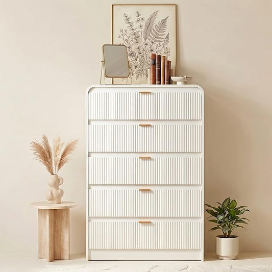 FURSUN Fluted 5 Drawers Dresser for Bedroom, 48" Tall Wooden Modern Dresser with Metal Handle, Curved Profile Design, Storage Organizer for Bedroom, Living Room, Hallway, White