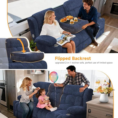 Loveseat Recliner Sofa with Flip Backrest Design, 3 Seat RV Recliner Sofa with USB Ports & Pockets, Wall Hugger Reclining Loveseat with Cup Holders & Drawer, RV Couch for Home Theater Seating
