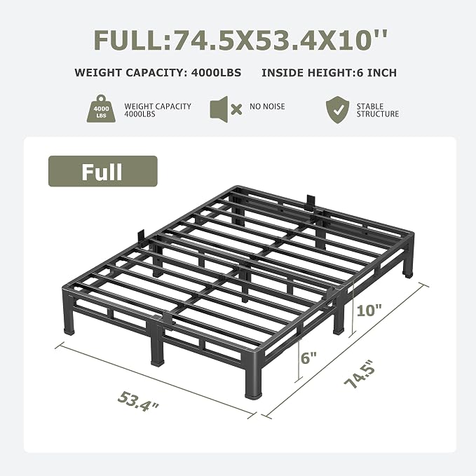 NKZ 10 Inch Full Size Bed Frame, Metal Bed Frame & Box Spring 2 in 1 Platform with Round Corner Legs, 4000lbs Weight Capacity Reinforced Low Profile Metal Frame, Noise-Free, Easy Assembly