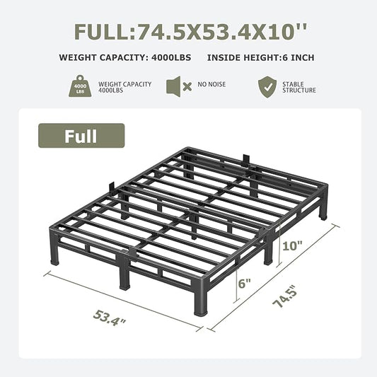 NKZ 10 Inch Full Size Bed Frame, Metal Bed Frame & Box Spring 2 in 1 Platform with Round Corner Legs, 4000lbs Weight Capacity Reinforced Low Profile Metal Frame, Noise-Free, Easy Assembly