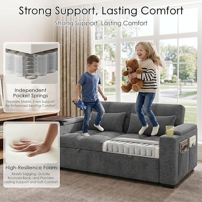 65'' Sleeper Sofa Bed, Pull Out Couch with 360° Swivel Side Table | USB Port | Cup Holder | Adjustable Backrest, Loveseat Corduroy Fabric for Living Room, Apartment, Office (Darkgray)