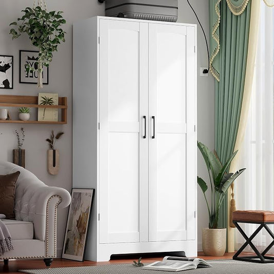 Wooden Armoire Wardrobe Closet, Wardrobe Cabinet with Door and Shelves, Freestanding Bedroom Armoires Clothing Storage Cabinet with Hanging Rod for Bedroom, Laundry Room, Cloak Room（White）
