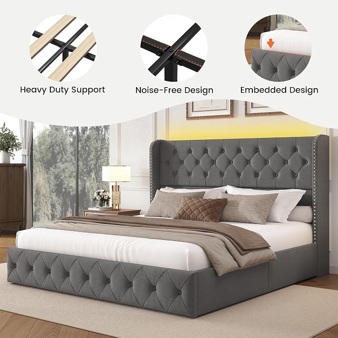 LARMACE King Size Bed Frame with LED Lights and 4 Storage Drawers Linen Upholstered Platform Bed Frame with 47.2" Tall Tufted Headboard Wingback, No Box Spring Needed, Easy to Assemble, Grey