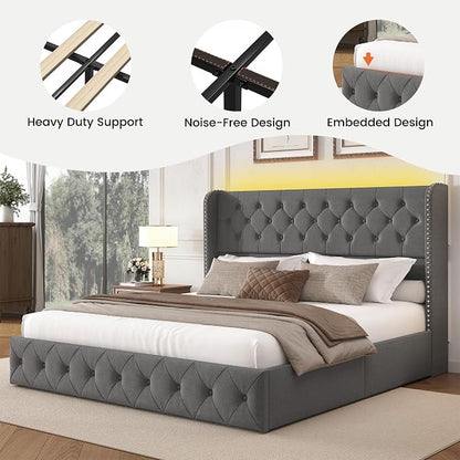 LARMACE King Size Bed Frame with LED Lights and 4 Storage Drawers Linen Upholstered Platform Bed Frame with 47.2" Tall Tufted Headboard Wingback, No Box Spring Needed, Easy to Assemble, Grey