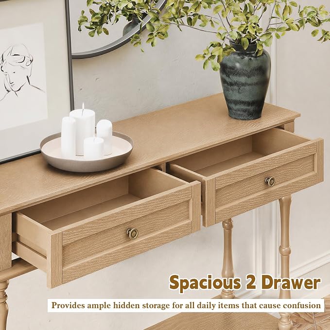 ARTPOWER Console Table for Entryway with 2 Drawers-Minimal Assembly,Retro Entryway Table with Storage Cabinets and Open Shelf,Narrow Long Couch Table Behind Sofa Set for Living Room,Foyer,Natural