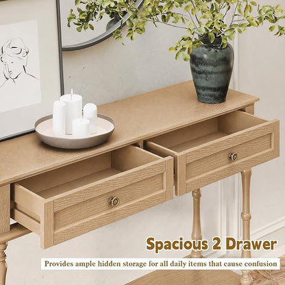 ARTPOWER Console Table for Entryway with 2 Drawers-Minimal Assembly,Retro Entryway Table with Storage Cabinets and Open Shelf,Narrow Long Couch Table Behind Sofa Set for Living Room,Foyer,Natural