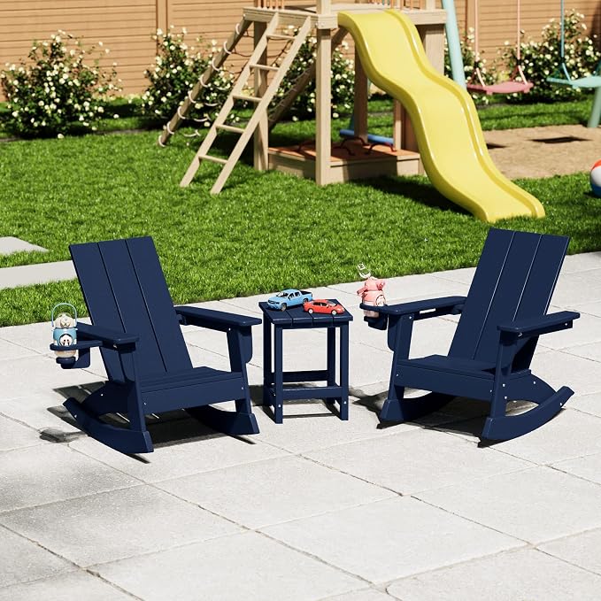 Costaelm Palms 3-Piece Kids Table and Chairs Set with Modern Toddler Rocking Chairs and Cup Holders, Navy Blue
