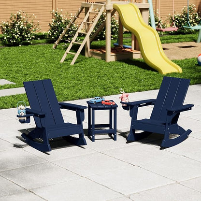 Costaelm Palms 3-Piece Kids Table and Chairs Set with Modern Toddler Rocking Chairs and Cup Holders, Navy Blue