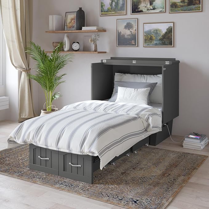 AFI, Nantucket Twin Murphy Bed Chest with Mattress, Storage Drawer and Built-In USB Charger, Grey