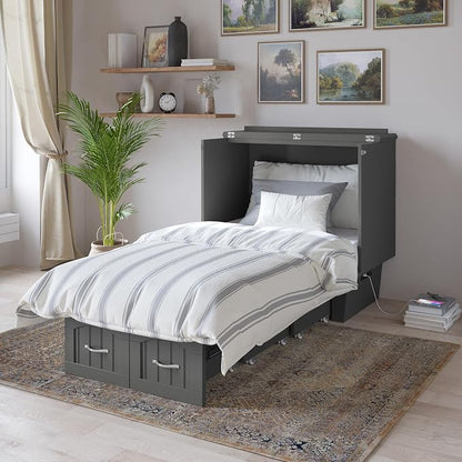 AFI, Nantucket Twin Murphy Bed Chest with Mattress, Storage Drawer and Built-In USB Charger, Grey
