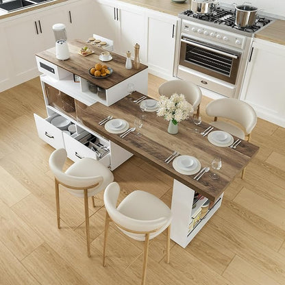 Kitchen Islands with Extendable Dining Table Rolling Islands Power Outlet Mobile Storage Islands Cart on Wheels with Drawers and 2 Side Open Shelves for Dining Room, White