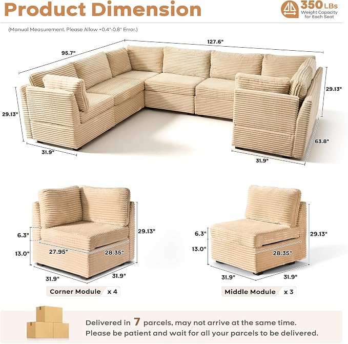 ovios Modular Sectional Sofa Couch with U-Shape Chaise Oversized, Comfy Plush Corduroy Cloud Couches, Modern Luxury Deep Seat Sofas Set for Living Room, 7-Seater, Beige