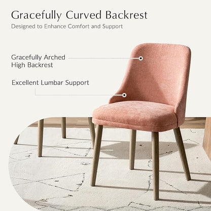 Upholstered Dining Chairs Set of 6, Fabric Dining Room Chairs with Curved Backrest, Solid Wood Legs, Modern Kitchen Chairs for Dining Room Living Room, Coral