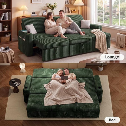 Vipbear 101" Sectional Sleeper Sofa with Pull Out Bed,5-Level Adjustable Backrest,3 Seat Modular Couch with Storage,Tool Free Assembly,USB & Cup Holders, Corduroy Sofa for Living Room, Green