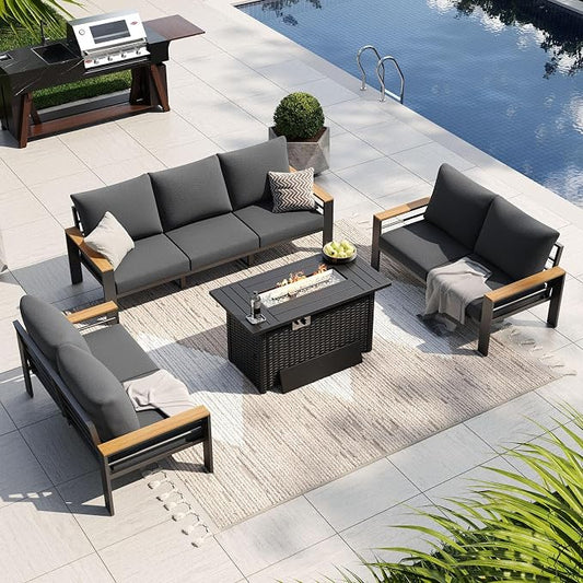 Aoxun Patio Furniture Set, Aluminum Patio Set with Fire Pit Table and 5" Thicken & Washable Cushion, Waterproof Outdoor Furniture, Outdoor Couch Sectional for Backyard (LS-7 Seats/F, Dark Grey)