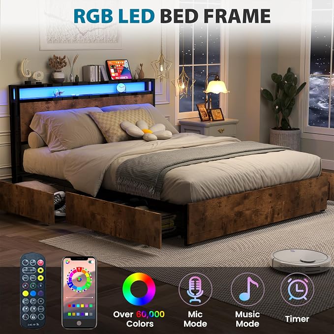 Kiivakii Full Size Bed Frame with Headboard, LED Platform Bed Frames with 4 Storage Drawers, Built in Charging Station, Noise Free, Stable and Solid, No Box Spring Needed, Rustic Brown