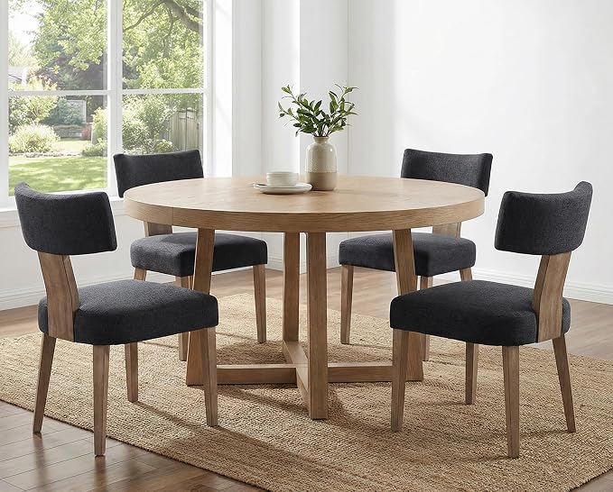 RIVOVA Linen Dining Chairs Set of 4, Modern Dining Chair with Curved Backrest and Wood Legs Upholstered Dining Chairs Farmhouse Dining Room Chairs Kitchen Chairs, Charcoal