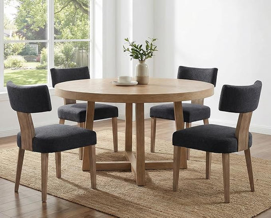 RIVOVA Linen Dining Chairs Set of 4, Modern Dining Chair with Curved Backrest and Wood Legs Upholstered Dining Chairs Farmhouse Dining Room Chairs Kitchen Chairs, Charcoal