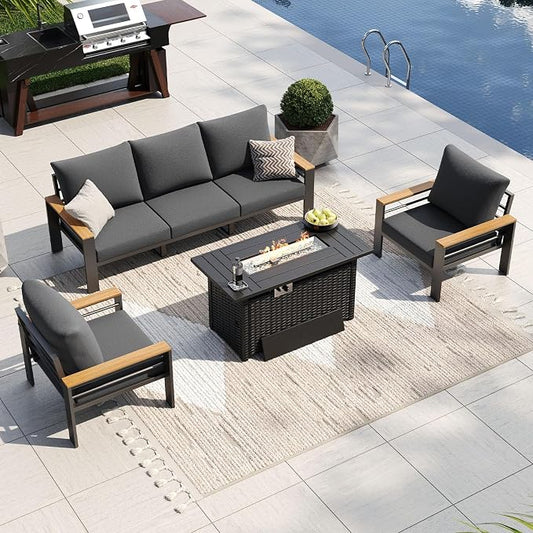 Aoxun Patio Furniture Set, Aluminum Patio Set with Fire Pit Table and 5" Thicken & Washable Cushion, Waterproof Outdoor Furniture, Outdoor Couch Sectional for Backyard (5 Seats/F, Dark Grey)