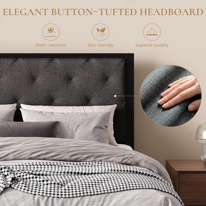 SHA CERLIN Full Size Metal Bed Frame with Linen Tufted Headboard, Dark Gray | Modern Design Heavy-Duty Platform Bed, No Box Spring Need, Linen Fabric Upholstery, Noise Free, Easy Assembly