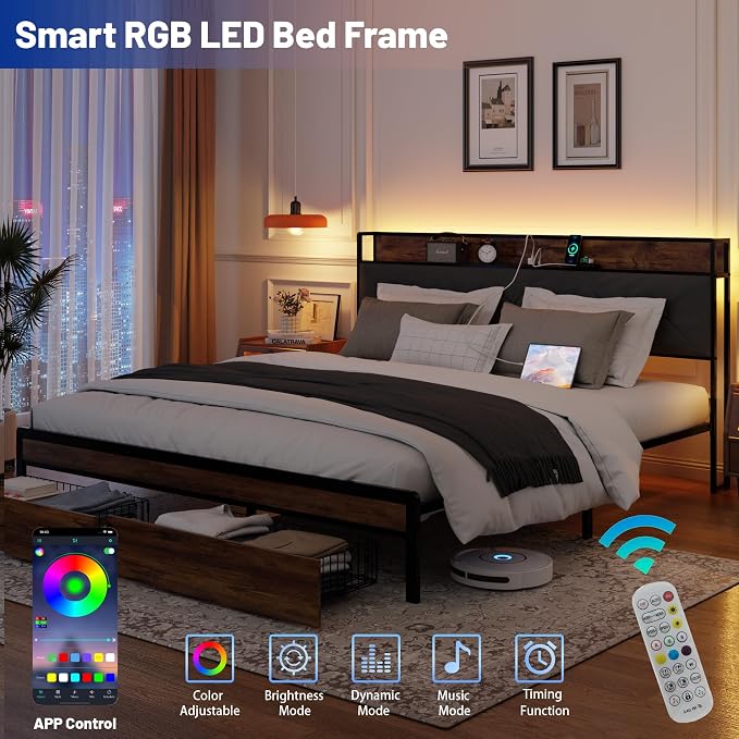 King Size Metal Platform Bed Frame with 2 Storage Drawers, LED Light, Velvet Headboard with USB Port - Heavy Duty, Brown Wooden Panel, No Box Spring Needed - King Bed Frame with Storage (Brown, King)