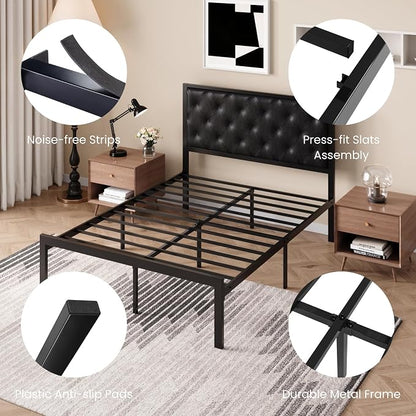 SHA CERLIN Full Size Metal Bed Frame with PU Tufted Headboard, Black | Modern Design Heavy-Duty Platform Bed, No Box Spring Need, PU Leather Upholstery, Noise Free, Easy Assembly