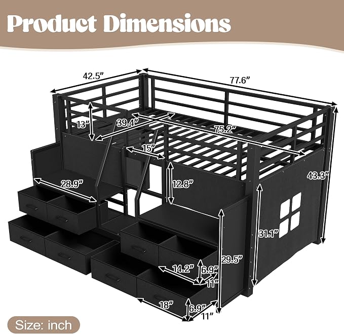 Bellemave Low Loft Bed Twin Size with Storage Shelves & Fabric Drawers, Metal Twin Loft Bed for Kids with LED Lights & Under-Bed Play Area, Low Loft Bed Frame for Bedroom, No Box Spring Needed, Black