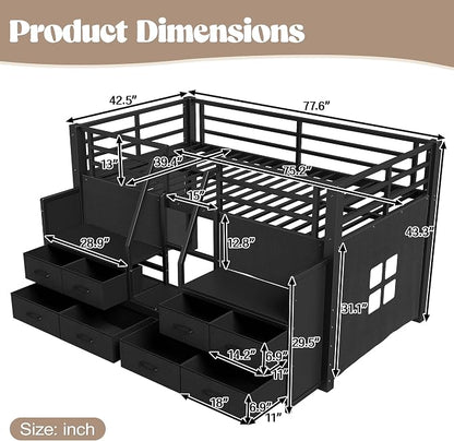 Bellemave Low Loft Bed Twin Size with Storage Shelves & Fabric Drawers, Metal Twin Loft Bed for Kids with LED Lights & Under-Bed Play Area, Low Loft Bed Frame for Bedroom, No Box Spring Needed, Black