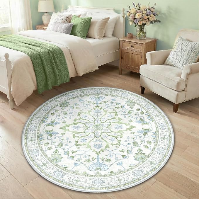 RELEANY Area Rugs Round 4ft Washable Non-Slip, Floral Vintage Distress Medallion Carpet for Living Room Bedroom Dining Room, Green White Blue