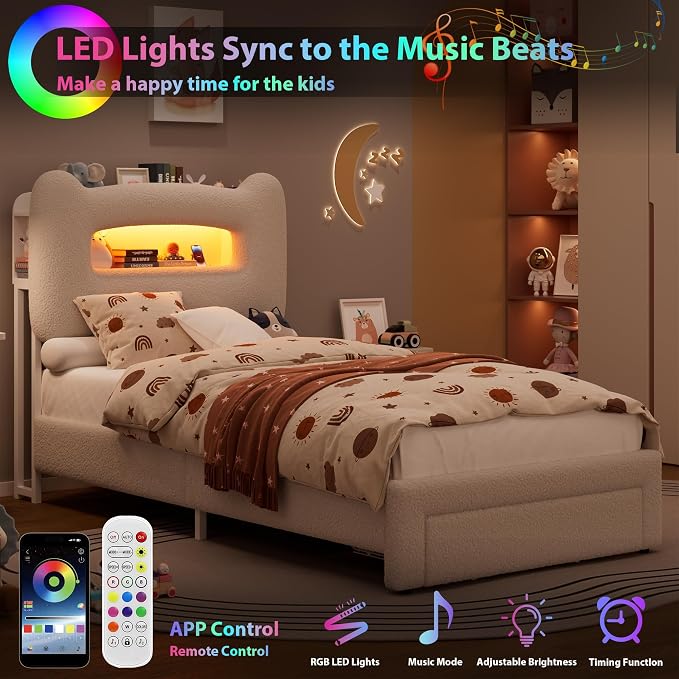 GarveeHome LED Full Bed Frame with 2-Tier Storage Headboard, Upholstered Platform Bed with Charging Station and Drawer, Metal Support, No Box Spring Needed, Beige