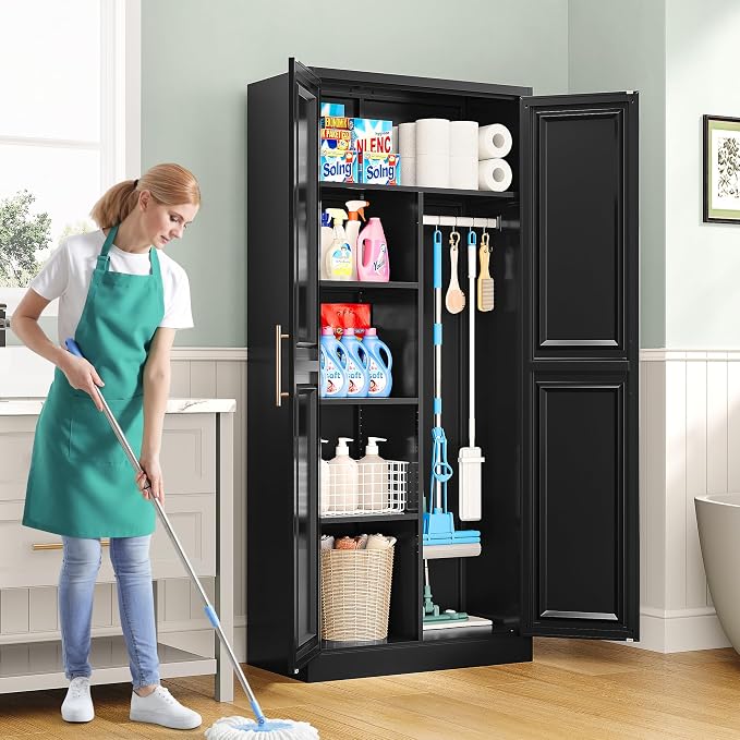 SISESOL 71" Tall Storage Cabinet with 9 Shelves and Hanging Rod,Kitchen Pantry Cabinet with 2 Door,Black Metal Storage Cabinets,Large Cupboard for Home,Kitchen,Laundry,Bathroom