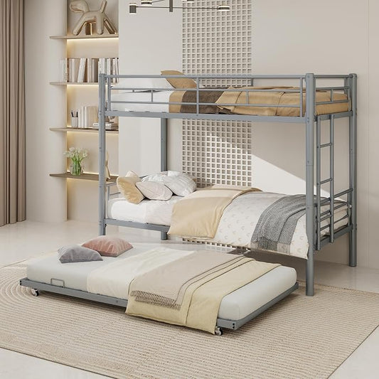 3-Way Convertible Twin over Twin Bunk Bed with Trundle, Metal Low Bunkbed for Kids Boys Girls, Guardrail & Ladders, Heavy Duty, No Box Spring Needed, Space-Saving, Easy Assembly (Silver, With Trundle)