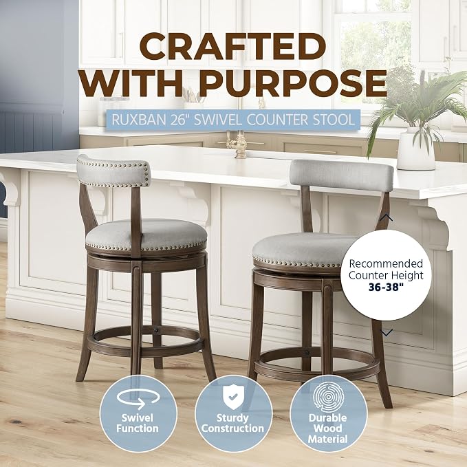 ROME + OAK Ruxban 26" Counter Stool, Set of 3 Low Back Swivel Barstools in Weathered Oak Finish with Sand Fabric Upholstery Seat - Indoor Home Furniture