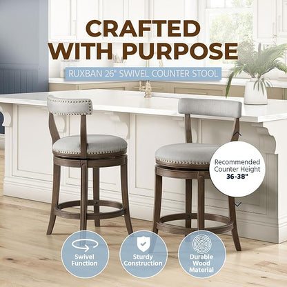 ROME + OAK Ruxban 26" Counter Stool, Set of 3 Low Back Swivel Barstools in Weathered Oak Finish with Sand Fabric Upholstery Seat - Indoor Home Furniture