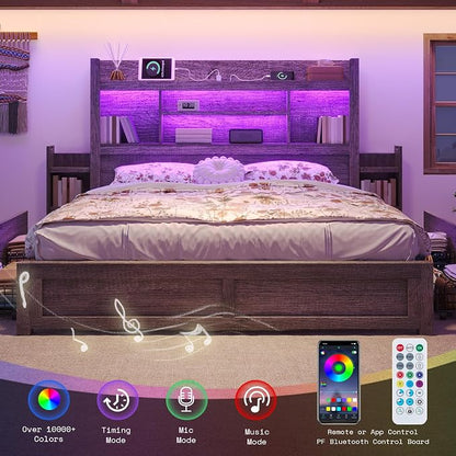 LUXOAK King Bed Frame with 49.6" Bookcase Headboard & 2 Bedside Stoage Racks & 4 Drawers, Farmhouse Wood Bed Frame with RGB LED & Charging Station, No Box Spring Needed, Grey