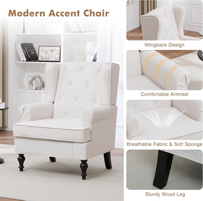 Accent Chair Set of 2, Mid Century Modern Fabric Wingback Chair, Upholstered Armchair with High Back and Vintage Legs, Comfy Single Sofa Side Reading Chair for Living Room Bedroom, Beige