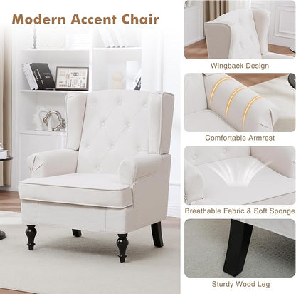 Accent Chair Set of 2, Mid Century Modern Fabric Wingback Chair, Upholstered Armchair with High Back and Vintage Legs, Comfy Single Sofa Side Reading Chair for Living Room Bedroom, Beige