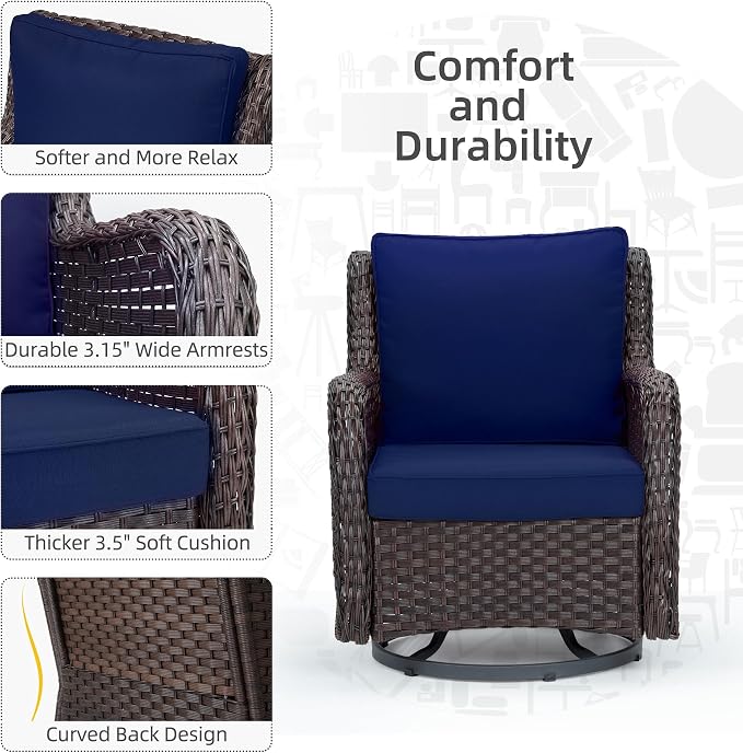 Towallmark Outdoor Swivel Wicker Glider Patio Chairs with Table Set, 3 Pieces Outdoor Bistro Set with 4”Thick Cushions and Coffee Table for Porch, Balcony, Deck (Blue)