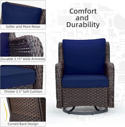 Towallmark Outdoor Swivel Wicker Glider Patio Chairs with Table Set, 3 Pieces Outdoor Bistro Set with 4”Thick Cushions and Coffee Table for Porch, Balcony, Deck (Blue)