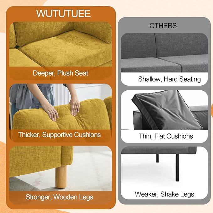 WUTUTUEE 65" Chenille Loveseat Sofa, Modern 2-Seater Love Seat Couch with Armrest Pillows, Storage Pockets, Easy Assembly, Upholstered Tufted Loveseat Couches for Living Room Bedroom, Yellow