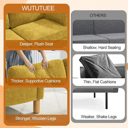 WUTUTUEE 65" Chenille Loveseat Sofa, Modern 2-Seater Love Seat Couch with Armrest Pillows, Storage Pockets, Easy Assembly, Upholstered Tufted Loveseat Couches for Living Room Bedroom, Yellow