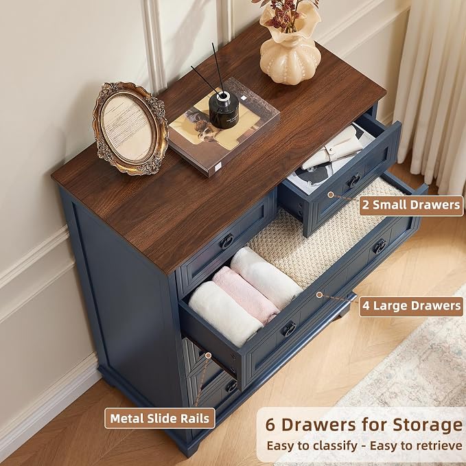 Joaxswe Farmhouse 6 Drawer Dresser for Bedroom, 41" Tall Small Dressers & Chest of Drawers, Rustic Wood Dresser with Metal Handle, Storage Organizer Closet for Living Room, Hallway, Entryway