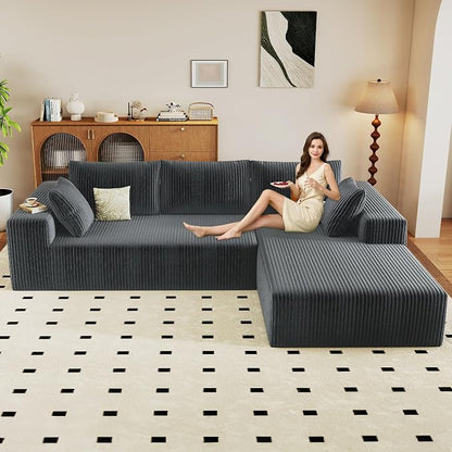 96" Modular Sectional Couch, Boneless L Shaped Cloud Sofa with Chaise Lounge, Corduroy Upholstered Couches Memory Foam Deep Seat, No Assembly Required, Ideal for Living Room(Dark Gray, Right Facing)