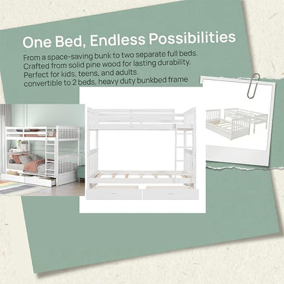 Merax Full-Over-Full Bunk Bed with Two Storage Drawers, Solid Wood Full Size Bunk Bed with Guardrail and Removable Ladder, Can be Converted Into 2 Separate Beds, White