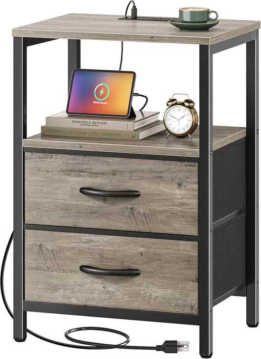 Huuger Nightstand with Charging Station, Fabric Drawers, End Table with Open Shelf, Bedside Table with USB Ports and Outlets, Night Stand for Bedroom, Oak