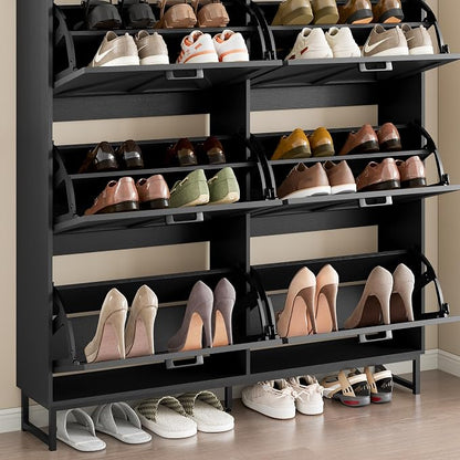 BORNOON Shoe Cabinet with 6 Flip Drawers Narrow Shoe Storage Cabinet Organizer Wooden Freestanding Shoe Rack Hidden Slim Shoes Storage Cabinet for Entryway, Hallway, Living Room, Bedroom