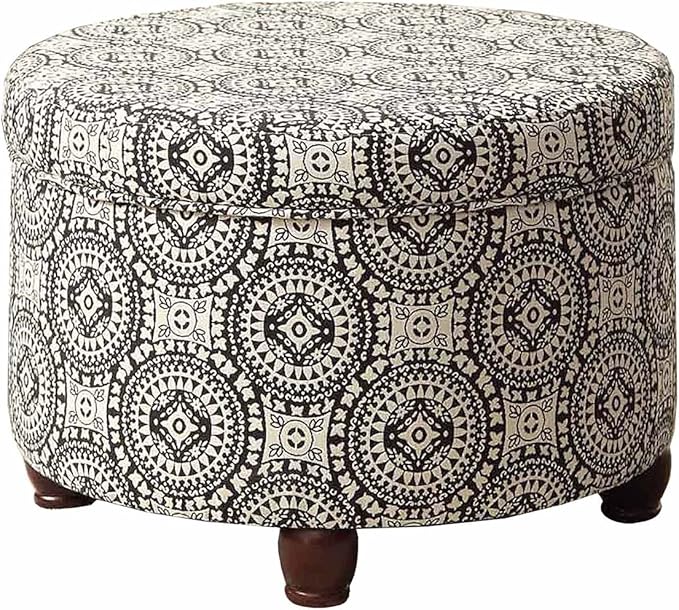Homepop Home Decor | Upholstered Round Storage Ottoman | Ottoman with Storage for Living Room & Bedroom, Black and White Medallion Large