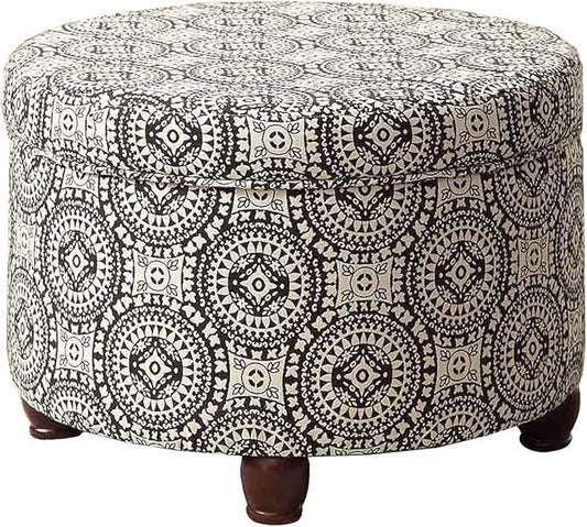 Homepop Home Decor | Upholstered Round Storage Ottoman | Ottoman with Storage for Living Room & Bedroom, Black and White Medallion Large