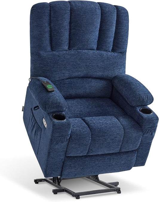 MCombo Large Power Lift Recliner Chair for Elderly, Lift Chair with Heat and Massage, 3 Positions, USB Charge Ports, Cup Holders, Fabric 7099 (Large, Navy Blue)