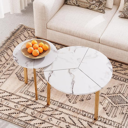 COSIEST Small Coffee Table Set of 2, Round Coffee Table with Sturdy Metal Base, Nesting Coffee Table for Living Room, Bedroom, Office (White & Gold)